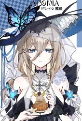 1girl alternate_costume aponia_(honkai_impact) black_dress blonde_hair blue_eyes breasts butterfly_ornament cake character_name dress earrings food fork hair_between_eyes hashtag-only_commentary highres holding holding_fork honkai_(series) honkai_impact_3rd jewelry kie0x large_breasts large_hat long_hair smile solo upper_body