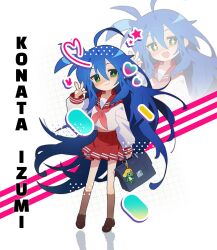+_+ 1girl :3 ahoge ben-day_dots blue_hair briefcase brown_shoes brown_socks character_charm character_name charm_(object) different_zoom_layer heart highres izumi_konata keroro long_hair lucky_star midriff_peek pink_star rabbit_symbol ryouou_school_uniform school_briefcase school_uniform screentones shadow shoes socks star_(symbol) user_ugps3875 w white_background
