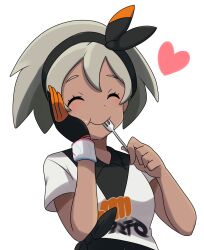 1girl bea_(pokemon) black_gloves black_headband black_shirt closed_eyes closed_mouth creatures_(company) dark-skinned_female dark_skin elbow_gloves fork game_freak gloves grey_hair headband heart highres holding holding_fork nintendo orange_gloves pokemon pokemon_swsh saon101 shirt short_hair single_elbow_glove smile solo two-tone_gloves white_background white_shirt