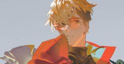 1boy black_hair black_shirt blonde_hair blue_background citronplanet earrings glasses highres jacket jewelry male_focus mole mole_under_eye orange-tinted_eyewear parted_lips red_jacket round_eyewear shirt short_hair single_earring sketch solo tinted_eyewear trigun trigun_stampede undercut upper_body vash_the_stampede