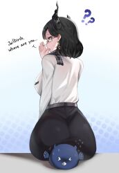 ? ?? ass asymmetrical_horns black_hair black_skirt breasts confused earrings from_behind high-waist_skirt highres hololive hololive_english horns iggy2077 jailbird_(nerissa_ravencroft) jewelry large_breasts medium_hair mole mole_under_eye nerissa_ravencroft nerissa_ravencroft_(casual) purple_eyes semi-rimless_eyewear shirt sitting_on_animal skirt under-rim_eyewear uneven_horns virtual_youtuber white_shirt