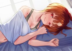 1girl absurdres animal_ears brown_hair closed_mouth collarbone commentary_request grey_panties grey_sports_bra hands_up head_on_pillow highres horse_ears horse_girl indoors looking_at_viewer lying medium_hair midriff navel on_bed on_side panties pillow red_eyes shirt smile solo sports_bra tatsumi_yashiro transcend_(umamusume) umamusume underwear upper_body white_shirt