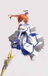 Rule 34 | 1girl, armor, armored dress, bad id, bad twitter id, blue eyes, brown hair, bygddd5, closed mouth, dress, floating hair, full body, grey background, hair ribbon, highres, holding, holding weapon, long hair, long sleeves, looking to the side, lyrical nanoha, magical girl, raising heart, ribbon, simple background, solo, standing, takamachi nanoha, twintails, weapon, white dress