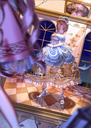 1girl absurdres ankle_ribbon argyle_bonnet argyle_clothes argyle_sleeves back_bow bare_legs bare_shoulders belt black_belt blue_bonnet blue_bow blue_bowtie blue_dress blue_eyes blue_ribbon blue_shoes blue_sleeves bonnet bow bowtie character_profile chinese_commentary classic_lolita closed_mouth collar commentary_request crack cracked_glass cross-laced_clothes cross-laced_legwear debris detached_collar detached_sleeves different_reflection dress drill_hair earrings eyelashes faewish_sprite fortissimo frilled_arm_warmers frilled_collar frilled_dress frilled_headwear frilled_skirt frilled_sleeves frills frown full-length_mirror hair_bow hair_ornament hallway heart-shaped_bonnet high_heels highres indoors infinity_nikki infinity_symbol jewelry leg_ribbon lipstick lolita_fashion long_dress long_hair long_sleeves low_twintails makeup medium_hair mirror mismatched_earrings musical_note musical_note_hair_ornament musical_note_print night nikki_(nikki) nikki_(series) orange_hair pantyhose perfect_start_(infinity_nikki) pillar pink_hair pink_skirt pleated_skirt puffy_long_sleeves puffy_short_sleeves puffy_sleeves qingniaoyi red_lips reflection ribbon see-through_clothes see-through_dress shadow shirt shoes short_sleeves skirt solo sphere_earrings standing stiletto_heels strapless strapless_dress timeless_melody_(infinity_nikki) treble_clef twintails very_long_hair walking white_arm_warmers white_collar white_pantyhose white_shirt window