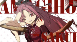 1girl apple argyle_background bare_shoulders black_wrist_cuffs bright_pupils buttons character_name chest_jewel collared_dress copyright_name detached_sleeves dot_nose dress eyelashes fang floating_hair food fruit gem grey_sleeves grin high_collar highres holding holding_food holding_fruit holding_weapon long_hair looking_at_viewer magical_girl mahou_shoujo_madoka_magica mahou_shoujo_madoka_magica_(anime) nunchaku parody parted_bangs polearm red_dress red_eyes red_gemstone red_hair sakura_kyoko sakura_kyoko_(magical_girl) schuschuschultz sleeveless sleeveless_dress smile smug solo spear tsurime upper_body very_long_hair weapon white_background white_pupils wrist_cuffs zenless_zone_zero