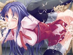 1girl 2boys black_socks blue_eyes blue_hair blush bottomless breasts censored chain covered_erect_nipples cuffs cum cum_in_mouth cum_in_pussy cum_on_body cum_on_lower_body facial fellatio folded_leg from_side game_cg gangbang grabbing_another&#039;s_leg group_sex guilty hair_between_eyes hand_on_another&#039;s_head hetero indoors large_breasts leg_up long_hair minase_shizuru mole mosaic_censoring multiple_boys one_eye_closed oral penis pink_shirt raised_eyebrow rape red_skirt restrained school_uniform sex shackles shirt skindentation skirt socks solo_focus spitroast spread_legs tears toriko_hime unhappy_sex upskirt vaginal yoshizawa_tomoaki