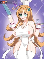 ! :d absurdres apron blonde_hair blush breasts chef_hat cleavage escoffier_(genshin_impact) genshin_impact hair_ornament hat highres knife large_breasts long_hair looking_at_viewer naked_apron nipple_slip nipples open_mouth smile star-shaped_pupils star_(symbol) symbol-shaped_pupils thighhighs thighs wrist_cuffs