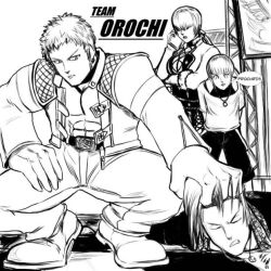 1girl 3boys brown_hair chris_(kof) defeated_expression head_grab multiple_boys nanakase_yashiro red_hair shermie_(kof) snk the_king_of_fighters the_king_of_fighters_xv white_hair yagami_iori