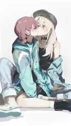 Rule 34 | 2girls, absurdres, baseball cap, black boots, black choker, black hat, black skirt, black tank top, blue jacket, blue pants, blue shirt, blush, boots, choker, closed eyes, commentary, denim, earclip, girls band cry, grey eyes, grey hair, hand on another&#039;s thigh, hat, highres, iseri nina, jacket, jeans, kawaragi momoka, kiss, long hair, multiple girls, pants, red hair, shirt, shoe soles, shoes, short twintails, simple background, skirt, tank top, twintails, white background, white shoes, ydpfa, yuri