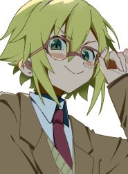 1boy :&gt; blazer blonde_hair blush brown_jacket chikuwa_(g9ywhbeiyy27513) collared_shirt glasses green_eyes hair_between_eyes highres jacket lapels looking_at_viewer male_focus necktie nijisanji red-framed_eyewear red_necktie school_uniform shirt short_hair simple_background smile solo upper_body uzuki_kou uzuki_kou_(3rd_costume) v-shaped_eyebrows virtual_youtuber white_background white_shirt