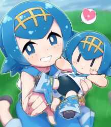 1girl bad_tag blue_eyes blue_hair character_doll child lana_(pokemon) nintendo pokemon pokemon_sm smile solo speech_bubble stuffed_toy tokkyuu_mikan
