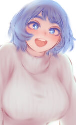 1girl :d blue_eyes blue_hair boku_no_hero_academia breasts hado_nejire highres large_breasts open_mouth short_hair shpo simple_background smile solo sweater teeth turtleneck turtleneck_sweater upper_teeth_only white_background white_sweater