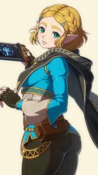 1girl ass bite_addict black_cape black_gloves black_pants blonde_hair blue_shirt braid cape commentary crown_braid fingerless_gloves gloves green_eyes grin hair_ornament hairclip highres holding hood hood_down hooded_cape juliet_sleeves long_sleeves looking_at_viewer nintendo pants parted_lips pointy_ears princess_zelda puffy_sleeves sheikah_slate shirt short_hair simple_background smile solo the_legend_of_zelda the_legend_of_zelda:_tears_of_the_kingdom white_background