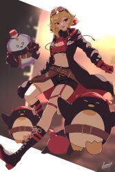 1girl black_coat black_shorts blonde_hair boots coat futomoy gachan_(kaela_kovalskia) gloves goggles goggles_on_head hammer highres hololive hololive_indonesia kaela_kovalskia kaela_kovalskia_(4th_costume) midriff navel pemaloe_(kaela_kovalskia) red_eyes red_gloves shorts signature thigh_strap virtual_youtuber