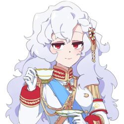 Rule 34 | 1girl, aiguillette, alpha (alpha 1918), anime coloring, armband, blue sash, buttons, collar, cross, cross pendant, cup, epaulettes, findoworld, fluffy, fluffy hair, gloves, gold buttons, gold trim, hair ornament, half-closed eyes, holding, holding cup, light blush, lips, long hair, looking at viewer, military, military uniform, non-web source, official art, original, red eyes, russian empire, sash, smirk, solo, sputnik and pogrom, sticker, tea, teacup, transparent, transparent background, very long hair, white gloves, white hair