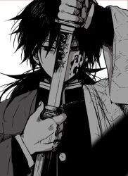 Rule 34 | 1boy, black hair, black jacket, buttons, demon slayer uniform, drawing sword, facial mark, greyscale, hair between eyes, half-closed eyes, haori, holding, holding sheath, holding sword, holding weapon, jacket, japanese clothes, katana, kimetsu no yaiba, long hair, low ponytail, monochrome, ponytail, sheath, sinba (ying-hua), solo, sword, tomioka giyuu, upper body, weapon, white background, wide sleeves