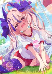 Rule 34 | 1girl, 3girls, absurdres, ahoge, asymmetrical legwear, blue hair, blue sky, blue thighhighs, blush, bow, buruma, cloud, collarbone, commission, day, grass, gym shirt, gym uniform, hair between eyes, hair bow, hair ornament, highres, horns, jewelry, long hair, looking at viewer, mismatched legwear, multicolored hair, multiple girls, necklace, on grass, on ground, open mouth, original, outdoors, pink eyes, pink hair, pink thighhighs, polka dot, polka dot legwear, print thighhighs, purple hair, purple thighhighs, red buruma, red eyes, shiro9jira, shirt, short sleeves, sitting, skeb commission, sky, solo focus, star (symbol), streaked hair, sweat, tears, thighhighs, twintails, very long hair, wariza, white shirt