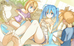 1boy 2girls aqua_eyes barefoot beek blonde_hair blue_hair brushing_hair bush dutch_angle feet feet_together frilled_pillow frills hair_brush hatsune_miku highres kagamine_len kagamine_rin legs long_hair long_toes multiple_girls nail_polish off_shoulder open_mouth panties pillow short_hair shorts sitting soles striped_clothes striped_panties stuffed_animal stuffed_toy sweatdrop toe_scrunch toenails toes towel twintails underwear upshorts very_long_hair vocaloid