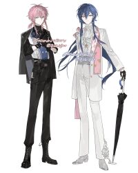 2boys absurdres ascot belt black_shirt blue_hair boots closed_umbrella coat formal_clothes full_body gloves hair_between_eyes highres holding holding_umbrella jacket jacket_on_shoulders jewelry lace-up_boots long_hair long_sleeves low_ponytail male_focus multiple_boys open_clothes open_coat original pants pink_eyes pink_hair ponytail rgb12800 shirt short_hair simple_background suit umbrella white_ascot white_background white_coat white_shirt