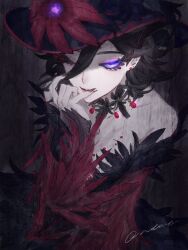 Rule 34 | 1girl, black background, black dress, black hair, black nails, dress, feather dress, feather hair, fingernails, glowing, glowing eyes, hand up, hat, hat feather, highres, identity v, jiz (pffbq), long eyelashes, long sleeves, looking at viewer, mary (identity v), mary (last dance) (identity v), one eye closed, purple eyes, sharp fingernails, short hair, signature, solid eyes, solo, upper body
