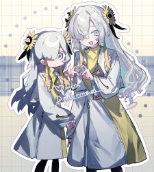 2girls absurdres confused deformed dress english_text flower flower_on_head grey_hair happy_valentine heart heart_hands highres isekaijoucho kamitsubaki_studio long_hair looking_at_viewer multicolored_dress multicolored_hair multiple_girls noranekogahara pantyhose shirt sidelocks smile sunflower valentine yellow_shirt