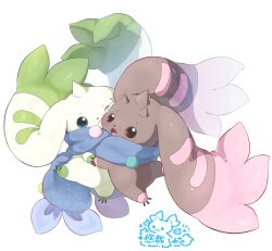 Rule 34 | animal focus, blue eyes, blue scarf, cheek press, chinese commentary, commentary, digimon, digimon (creature), fang, floppy ears, highres, horns, lopmon, multiple horns, no humans, one eye closed, red eyes, revision, scarf, shared clothes, shared scarf, simple background, single horn, terriermon, twitter username, white background, youzaiyouzai112