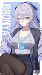 1girl black_jacket black_pantyhose black_skirt breasts bronya_zaychik bronya_zaychik_(outstanding_attitude) bronya_zaychik_(silverwing:_n-ex) character_name cleavage closed_mouth collarbone commentary_request crossed_legs earrings grey_eyes grey_hair grey_shirt hair_between_eyes highres honkai_(series) honkai_impact_3rd id_card jacket jewelry lanyard large_breasts long_hair looking_at_viewer office_lady official_alternate_costume open_clothes open_jacket pantyhose pink_pupils ribbed_shirt shirt sitting skirt so_zei_tama_tama solo very_long_hair