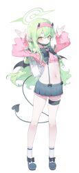1girl absurdres alternate_costume black_bow blue_archive bow fake_horns full_body green_hair grey_shoes hairband halo hands_up highres hikari_(blue_archive) horns long_hair long_sleeves looking_at_viewer mask meunhongcha mouth_mask navel pink_hairband pointy_ears shoes simple_background skirt socks standing stomach tail white_background white_socks yellow_eyes