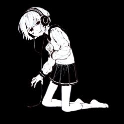 1girl black_background cable full_body greyscale headphones highres kneeling long_sleeves looking_at_viewer monochrome no_shoes original pleated_skirt school_uniform serafuku short_hair skirt socks solo zer0h