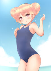 1girl blue_sky breasts cloud double_bun hair_bun highres iris_mysteria! ladis_(iris_mysteria!) ocean old_school_swimsuit one-piece_swimsuit purple_eyes school_swimsuit sky small_breasts smile swimsuit tongue tongue_out yuu_(yumezakura)