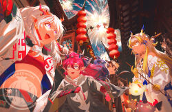 3boys 4girls :d aerial_fireworks annotated arknights artist_name bandeau bare_shoulders beads black_hair black_jacket blonde_hair blue_eyes blue_hair braid brother_and_sister brothers brown_hair chongyue_(arknights) closed_mouth colored_extremities commentary_request crop_top dragon_bubble_(arknights) dusk_(arknights) earrings family festival fireworks glint green_eyes grey_hair grey_jacket hair_between_eyes hair_intakes highres holding jacket jewelry ji_(arknights) lantern largeonions ling_(arknights) long_hair long_sleeves looking_at_another medium_hair multicolored_hair multiple_boys multiple_girls nian_(arknights) off_shoulder open_mouth outdoors paper_lantern pink_hair pointy_ears purple_eyes purple_hair red_bandeau red_hair shu_(arknights) siblings sisters smile standing streaked_hair tassel teeth upper_teeth_only watermark white_hair white_jacket yu_(arknights)