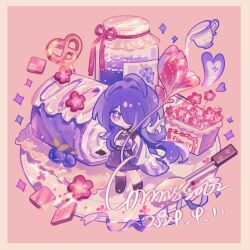 1girl acheron_(honkai:_star_rail) ahoge belt black_belt black_skirt blueberry boots cake chinese_commentary commentary commission cracker criss-cross_halter cup flower flower_pot food fruit grapes hair_intakes hair_over_one_eye halterneck heart holding holding_flower honkai:_star_rail honkai_(series) jam jar knee_boots looking_at_viewer multicolored_hair pink_background pink_flower pink_theme plate pouring purple_eyes purple_hair purple_theme shuiyuan single_knee_boot single_thigh_boot single_wide_sleeve skirt solo streaked_hair swiss_roll teacup thigh_boots two-tone_hair