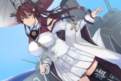 Rule 34 | 1girl, black thighhighs, blue sky, blurry, blurry background, breasts, brown eyes, brown hair, closed mouth, clothes writing, coat, day, flower, hair between eyes, hair flower, hair ornament, headgear, highres, holding, holding umbrella, kabe (inunufuwafuwa), kantai collection, large breasts, long hair, long sleeves, looking at viewer, oil-paper umbrella, open clothes, open coat, outdoors, pink flower, pleated skirt, sidelocks, single thighhigh, skirt, sky, solo, tassel, thighhighs, umbrella, very long hair, water, white coat, white skirt, wide sleeves, yamato (kancolle), yamato kai ni (kancolle)