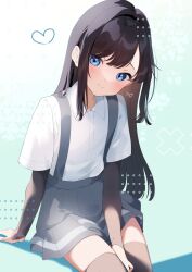 Rule 34 | 1girl, aqua background, arm warmers, asashio (kancolle), black hair, black thighhighs, blue eyes, blush, collared shirt, grey skirt, heart, highres, kantai collection, long hair, looking at viewer, ribbon, school uniform, shirt, sitting, skirt, sleeveless, smile, solo, suspender skirt, suspenders, thighhighs, tsunoda magu, white shirt