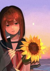 1girl absurdres beach black_eyes blue_sailor_collar brown_hair center-flap_bangs closed_mouth commentary_request double-parted_bangs flower highres horizon looking_at_viewer loose_hair_strand medium_hair miyaji_illust moon neckerchief original outdoors red_neckerchief sailor_collar sailor_shirt shirt solo sunflower white_shirt
