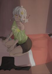 1girl bed breasts full_body highres lips looking_at_viewer ocs original shirt short_hair solo