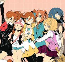 6+girls ace_attorney ahoge akamatsu_kaede arm_up athena_cykes baseball_cap black_jacket black_pantyhose black_skirt black_thighhighs blonde_hair blue_eyes blue_hair blue_jacket blush_stickers bow bowtie brown_hair chidouin_sara closed_eyes commentary_request crossover danganronpa_(series) danganronpa_v3:_killing_harmony dangeroustaku digital_media_player female_byleth_(fire_emblem) fire_emblem fire_emblem:_three_houses fortissimo gekkoukan_high_school_uniform hair_between_eyes hair_ornament hat highres hilda_(pokemon) holding holding_sword holding_weapon jacket jewelry kimi_ga_shine korean_commentary long_sleeves looking_at_viewer multiple_crossover multiple_girls musical_note musical_note_hair_ornament necklace nintendo one_eye_closed open_mouth pantyhose persona persona_3 persona_3_portable phoenix_wright:_ace_attorney_-_dual_destinies pink_sweater pink_sweater_vest pleated_skirt pokemon pokemon_bw ponytail purple_skirt red_bow red_bowtie school_uniform shiomi_kotone shirt short_shorts shorts simple_background single_blush_sticker skirt sleeveless sweater sweater_vest sword sword_of_the_creator thighhighs v weapon white_shirt