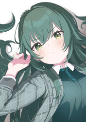 1girl absurdres blush closed_mouth commentary gakuen_idolmaster green_eyes green_hair green_jacket highres idolmaster jacket long_hair long_sleeves looking_at_viewer plaid_clothes plaid_jacket rindou_ringdong solo tsukimura_temari