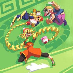 1girl 1other 2boys arms_(game) beanie blonde_hair boots bowl captain_falcon eating f-zero facial_hair food gloves hat helmet highres john_su kirby kirby_(series) leggings mask min_min_(arms) multiple_boys mustache nintendo noodles open_mouth pantyhose pointy_ears ramen shorts super_smash_bros. wario warioware
