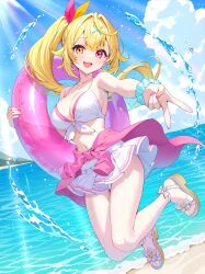 1girl :d absurdres ahoge beach bikini bikini_skirt blonde_hair blue_hair blue_sky breasts center-flap_bangs cleavage clothes_around_waist cloud commentary_request cumulonimbus_cloud day double-parted_bangs front-tie_bikini_top front-tie_top full_body gyaru_v hair_flaps hair_intakes hair_ribbon heterochromia highres holding holding_swim_ring hoshikawa_sara innertube jacket jacket_around_waist large_breasts looking_at_viewer multicolored_hair nail_polish navel nijisanji ocean open_mouth orange_eyes outdoors pink_hair pink_nails red_eyes ribbon sandals scrunchie side_ponytail sky smile solo streaked_hair sunamama4788 swim_ring swimsuit teeth toenail_polish toenails toes upper_teeth_only v virtual_youtuber wet white_bikini wrist_scrunchie
