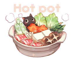 cat commentary cooking_pot food food_focus food_name hotpot lettuce no_humans original simple_background suzaku_(zaku6584) tofu white_background