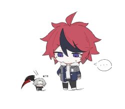 ... 2boys ahoge aotsuki_eito black_pants black_streaks blue_eyes blue_jacket chibi chibi_only glasses grey_hair holding holding_scythe hood hoodie jacket jacket_over_hoodie last_defense_academy_school_uniform looking_at_another male_focus multicolored_hair multicolored_jacket multiple_boys pants qiming_zhende_hao_nan red_hair school_uniform scythe short_hair simple_background size_difference smile spoken_ellipsis streaked_hair sumino_takumi sweatdrop the_hundred_line_-last_defense_academy- two-tone_jacket white_background