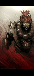 1boy akuma_(street_fighter) beads dexter_soy dougi highres letterboxed male_focus muscular prayer_beads red_hair solo street_fighter topknot upper_body