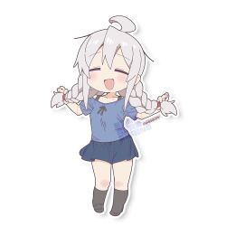 1girl :d ahoge artist_name bare_arms black_skirt blue_shirt braid chibi chibi_only closed_eyes collarbone commentary full_body light_blush long_hair matado_(almukha) onii-chan_wa_oshimai! open_mouth outline oyama_mahiro shirt short_sleeves simple_background skirt smile solo twin_braids twitter_username watermark white_background white_hair white_outline