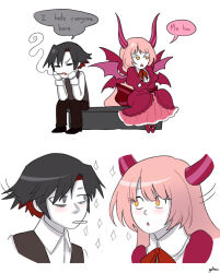 1boy 1girl 2koma :o =_= back_bow black_hair black_shoes blush bow brown_pants cigarette closed_mouth collared_shirt colored_skin comic demon_girl demon_horns demon_wings dress english_text eye_contact frilled_dress frills fumus_(funamusea) funamusea gallaxi grey_eyes grey_vest horns long_hair long_sleeves looking_at_another multicolored_hair open_mouth orange_eyes pants pink_hair puffy_long_sleeves puffy_sleeves purple_bow purple_dress purple_sandals red_hair red_ribbon ribbon rosaliya_phantomrose sandals shirt shoes short_hair sitting smoke smoking sparkle speech_bubble triangle_mouth two-tone_hair vest white_shirt white_skin wings