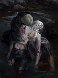 2boys absurdres arm_around_shoulder arm_around_waist belt black_pants black_robe blood blood_on_chest blood_on_face closed_eyes closed_mouth final_fantasy final_fantasy_vii final_fantasy_vii_ever_crisis glenn_lodbrok highres hood hood_down hooded_robe long_hair luluzhang998873 male_focus multiple_belts multiple_boys pale_skin pants parted_bangs robe sephiroth topless_male torn_clothes torn_pants white_hair