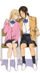 Rule 34 | 2girls, 35ohama yu, blonde hair, blue eyes, blue skirt, brown eyes, brown hair, grin, highres, jacket, krista lenz, looking at another, multiple girls, on chair, pink sweater, shingeki no kyojin, shirt, simple background, sitting, skirt, smile, sweater, teeth, white background, white shirt, yellow jacket, ymir (shingeki no kyojin)