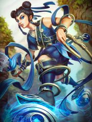 Rule 34 | 1boy, artist request, blue eyes, brown hair, chinese clothes, double bun, hair bun, holding, holding weapon, male focus, ne zha (smite), official alternate costume, open mouth, ribbon, smite, weapon