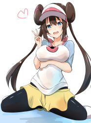 1girl black_pantyhose brown_hair chignon creatures_(company) game_freak nintendo pantyhose poke_ball_print pokemon pokemon_bw2 rosa_(pokemon) saku_(kudrove) v