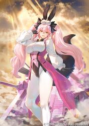 1girl animal_ear_fluff animal_ears black_bow black_gloves blush bow breasts build_divide coattails collared_shirt corset dress_shirt fate/grand_order fate_(series) fox_tail glasses gloves hair_between_eyes hair_bow koyanskaya_(assassin)_(second_ascension)_(fate) koyanskaya_(fate) large_breasts long_hair long_sleeves looking_at_viewer mashutarou_(neko_no_oyashiro) open_mouth pantyhose pink_hair rabbit_ears shirt sidelocks smile solo tail tamamo_(fate) thighs twintails underbust white_pantyhose white_shirt yellow_eyes